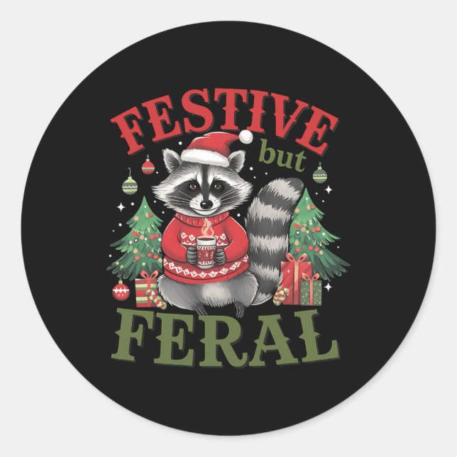 Festlich aber Feral Raccoon Tier Weihnachten X Runder Aufkleber (Vorderseite)