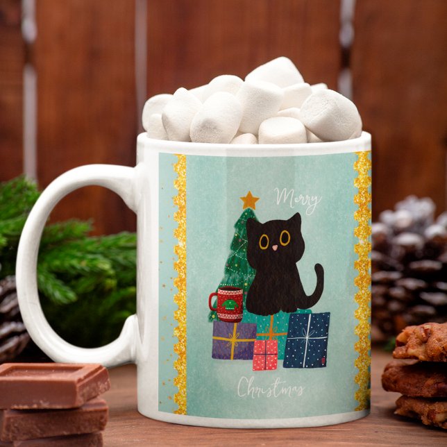 Festlich Blauer Weihnachten Niedlicher Black Cat K Kaffeetasse (Von Creator hochgeladen)