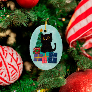 Festlich Blauer Weihnachten Niedlicher Black Cat K Keramik Ornament