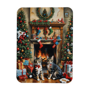 Festlich dekorierter Raum, Kamin, Katzen, Vintag Magnet