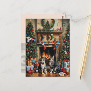 Festlich dekorierter Raum, Kamin, Katzen, Vintag Postkarte