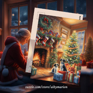 Festlich eingerichteter Raum, Kamin, Hunde, Vintag Postkarte