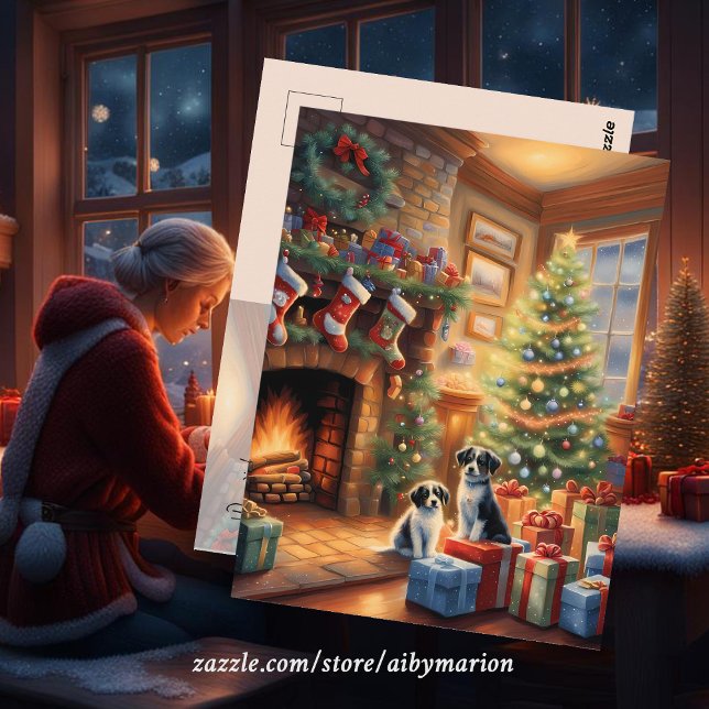 Festlich eingerichteter Raum, Kamin, Hunde, Vintag Postkarte (Von Creator hochgeladen)