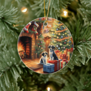 Festlich geschmückter Raum, Kamin, Hunde, Vintage Keramik Ornament