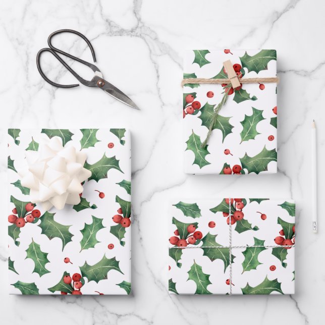 Festlich Holly Berry Weihnachten Geschenkpapier Set (Vorderseite)