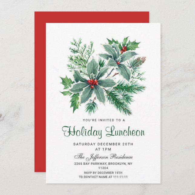 Festlich Holly Berry Weihnachtsfeiertag Mittagesse Einladung (Vorne/Hinten)