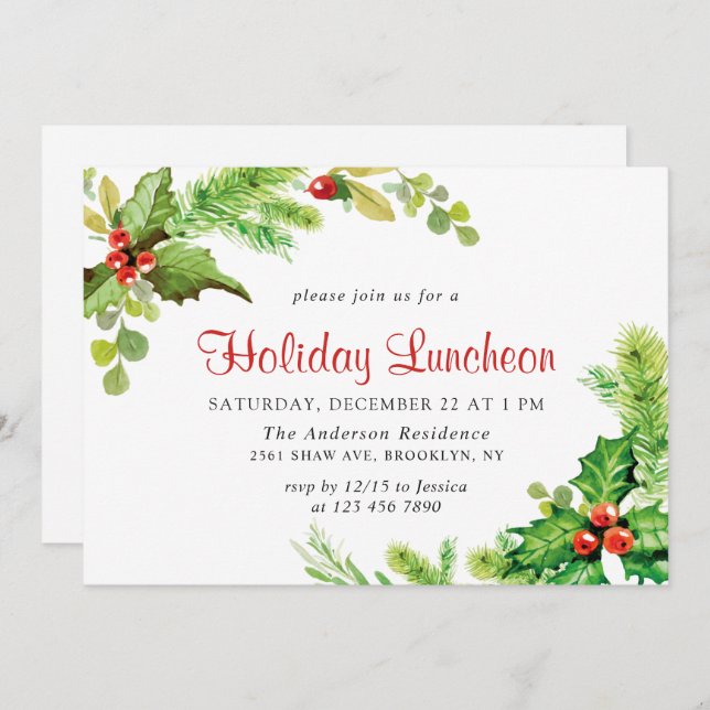 Festlich Holly Berry Weihnachtsfeiertag Mittagesse Einladung (Vorne/Hinten)