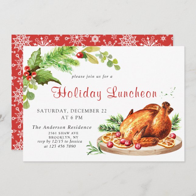 Festlich Holly Berry Weihnachtsfeiertag Mittagesse Einladung (Vorne/Hinten)