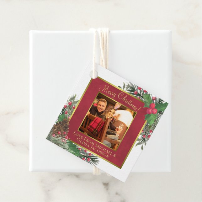 Festlich Holly & Pine mit Foto Frohe Weihnachten Geschenkanhänger (Beispiel)