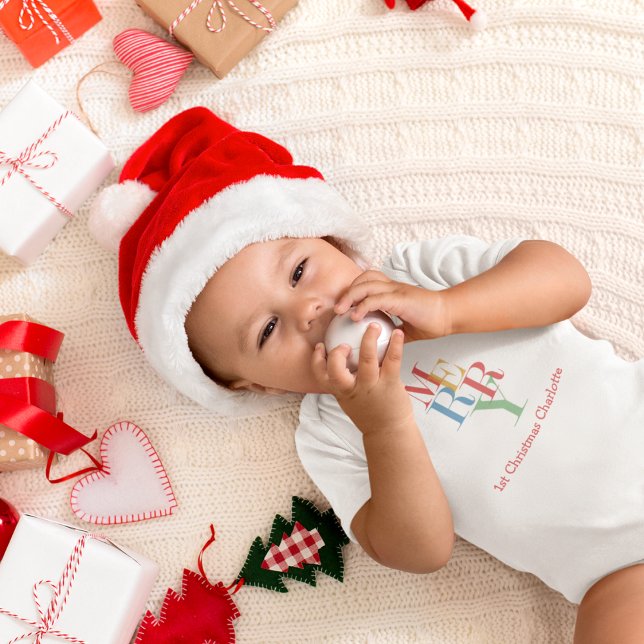 Festlich personlisiert Merry Bright Baby Strampler (Festive Merry baby's 1st christmas bodysuit)