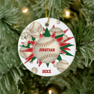 festlich roter Baseball-Softball-Blowout Keramik Ornament