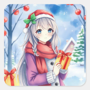 Festliche Anime Girl Weihnachten Quadratischer Aufkleber