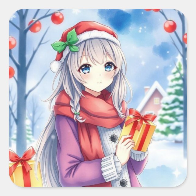 Festliche Anime Girl Weihnachten Quadratischer Aufkleber (Vorderseite)