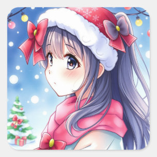 Festliche Anime Girl Weihnachten Quadratischer Aufkleber