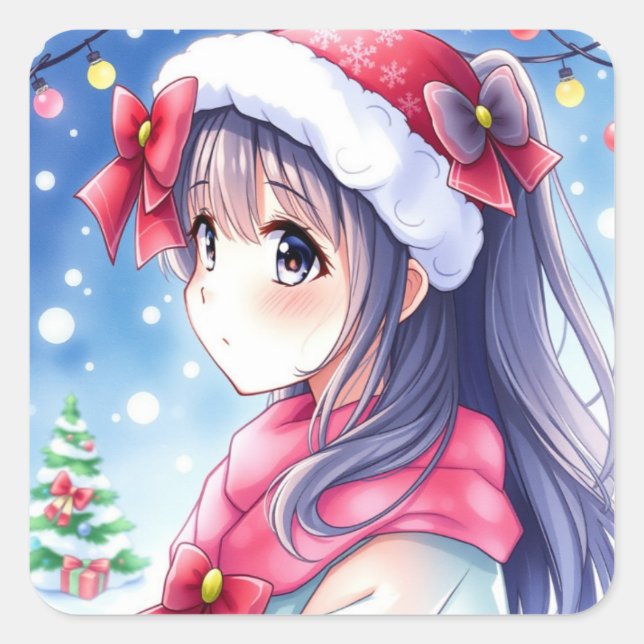 Festliche Anime Girl Weihnachten Quadratischer Aufkleber (Vorderseite)