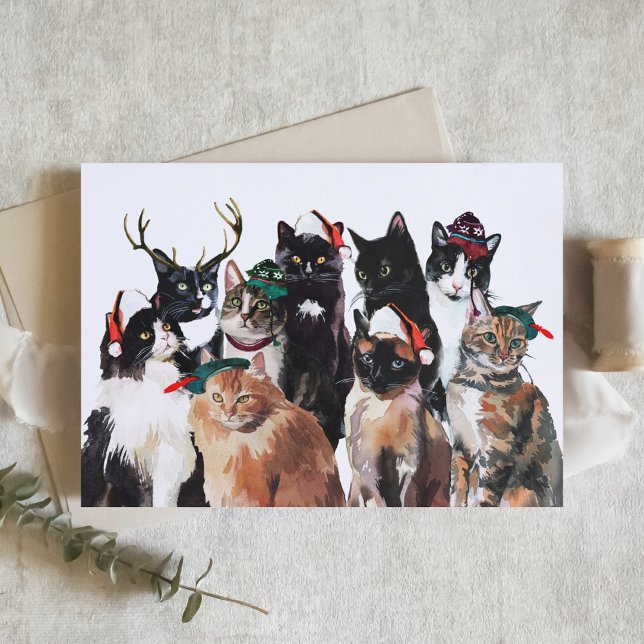 Festliche Aquarellkatzen mit Weihnachtsmannmützen  Feiertagskarte (Von Creator hochgeladen)