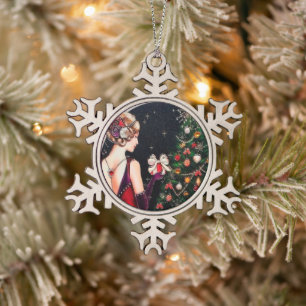 festliche Art Deco Retro Vintage Dame Schneeflocken Zinn-Ornament