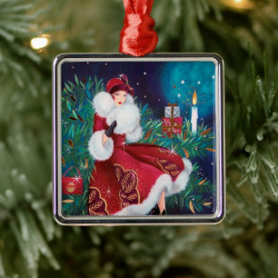 Festliche Art Deco Retro Vintage Weihnachtsdame Ornament Aus Metall