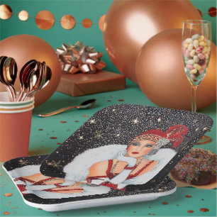 Festliche Art Deco Retro Vintage Weihnachtsdame Pappteller