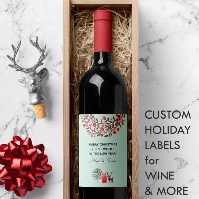 Festliche 🦌 auf Sea Green Weinetikett (Festive Reindeer 🦌 on Sea Green Wine Label
 )