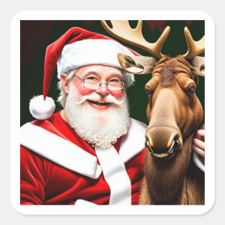 Festliche Aufkleber: Weihnachtsmann und Elchenzaub Quadratischer Aufkleber