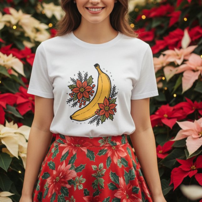 Festliche Banane mit Poinsettia Blume Weihnachten T-Shirt (Von Creator hochgeladen)