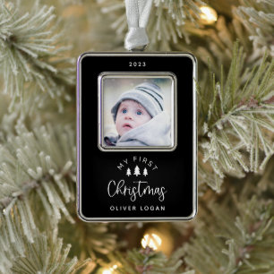 Festliche Bäume Erstes Weihnachtsfest Foto Rahmen-Ornament Silber