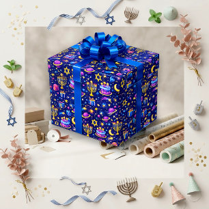 Festliche blaue Galaxie-Menora-Geburtstagsfeier Geschenkpapier