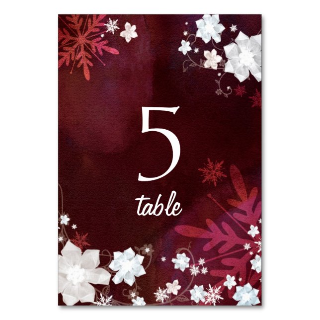 Festliche Burgunder Winter Hochzeiten Tischnummern (Vorderseite)