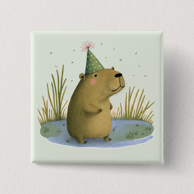 Festliche Capybara-Geburtstagshühnerschaltfläche Button (Vorderseite)