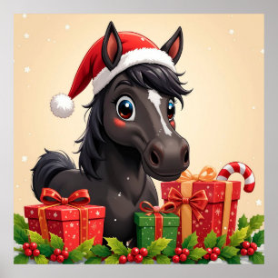 Festliche Cartoon-Schwarzes Pferd mit Weihnachtsma Poster