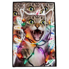 Festliche Cat Geschenktasche mit Weihnachtsbeleuch Mittlere Geschenktüte