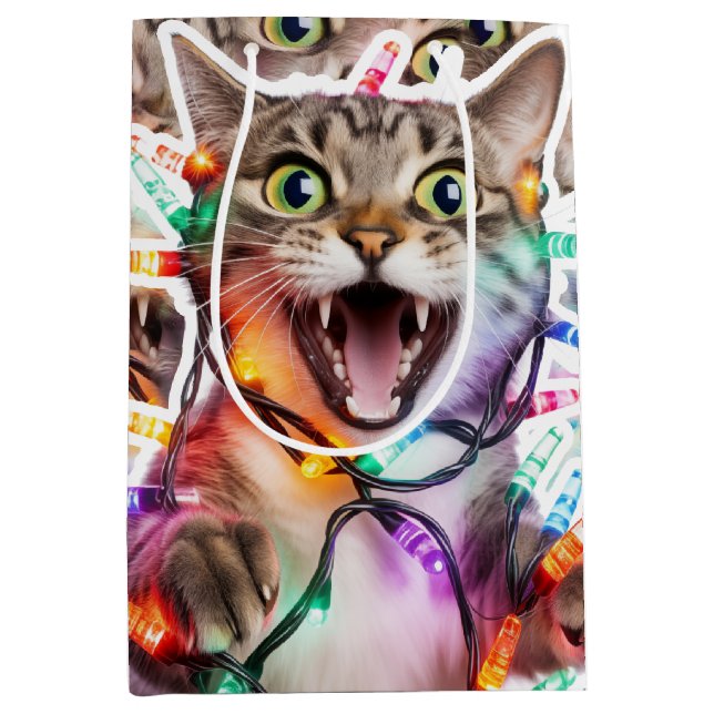 Festliche Cat Geschenktasche mit Weihnachtsbeleuch Mittlere Geschenktüte (Vorderseite)