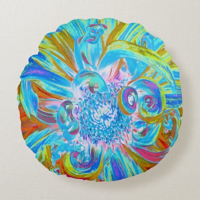 Festliche Chartreuse und Blue Dahlia Blume Petals Rundes Kissen (Vorderseite)