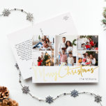 Festliche Drehbuch Fünf Foto Frohe Weihnachtsgolde Folien Feiertagspostkarte<br><div class="desc">Feiern Sie die Saison mit diesem festlichen Drehbuch fünf Foto Merry Christmas Gold-Feiertag Postkarte mit einer Touch von elegantem Charme. Das schicke Design präsentiert eine schlichte, in Gold und Weiß gehaltene Farbpalette, die den gemütlichen Geist des Winters widerspiegelt. Seine moderne und einzigartige Anziehungskraft und seine rustikale Formulierung schaffen ein perfektes...</div>