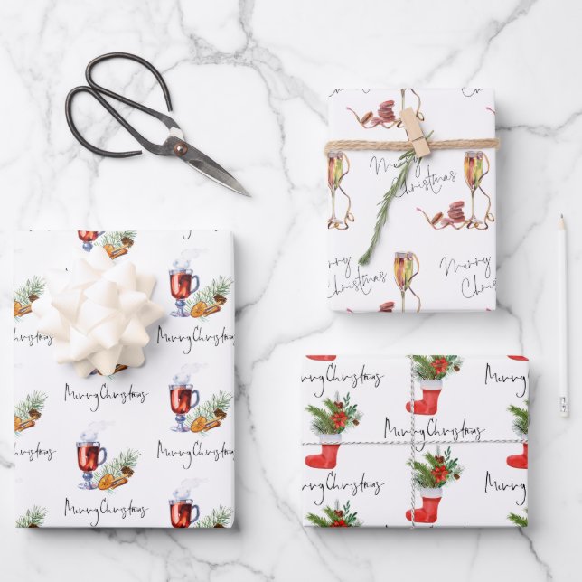 Festliche Drinks Strumpf Frohe Weihnachtsschrift Geschenkpapier Set (Vorderseite)