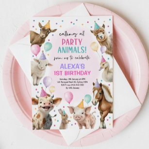 Festliche Farm Barnyard Party Tiere Mädchen Geburt Einladung