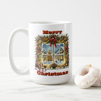 Festliche Fensteransicht mit Schnee Kaffeetasse