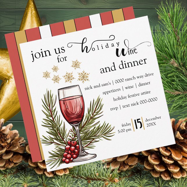 Festliche Feste Wein und Abendessen Party Einladung (Holiday wine and dinner party invitation with snowflakes, wine glass and pine
)