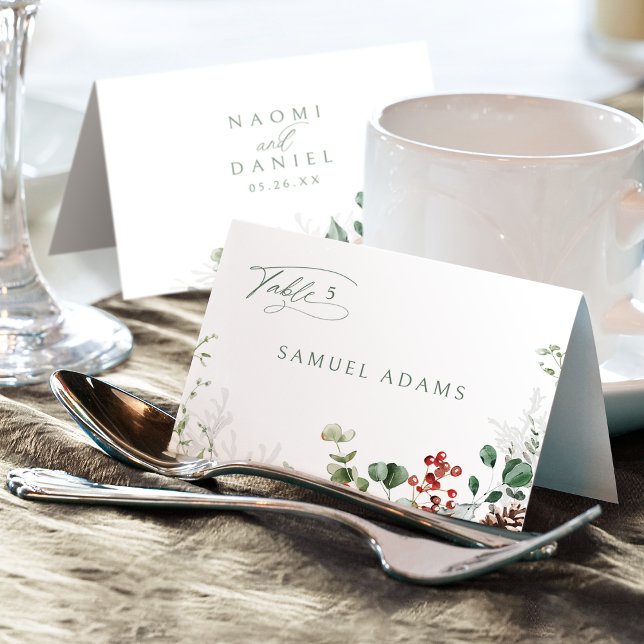 Festliche Florale Winterhochzeit Klapp-Platzkarte Tischnummer (Festive Floral Winter Wedding Foldable Place Card)