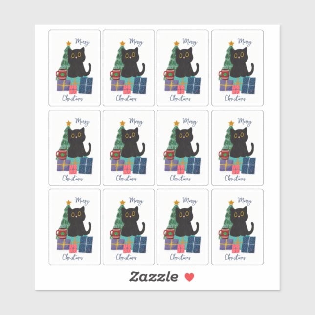 Festliche Frohe Weihnachten Niedlicher Black Cat K Aufkleber (Blatt)