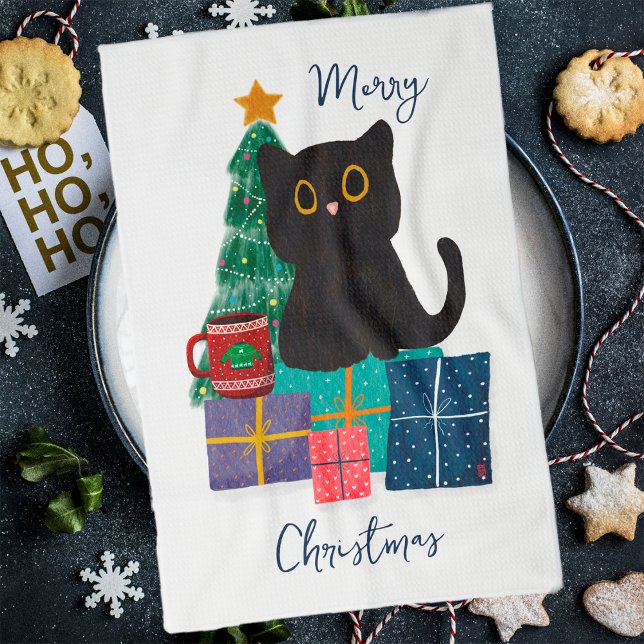 Festliche Frohe Weihnachten Niedlicher Black Cat K Geschirrtuch (Von Creator hochgeladen)