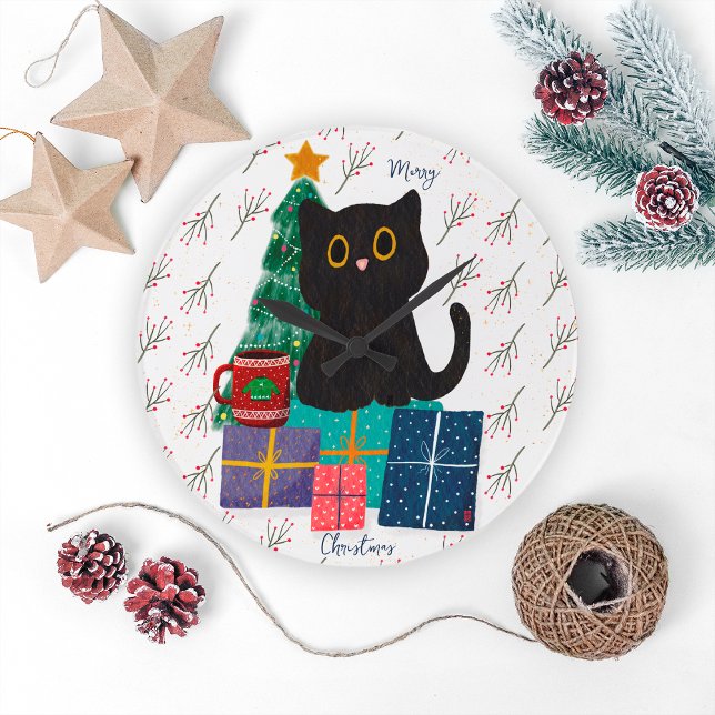 Festliche Frohe Weihnachten Niedlicher Black Cat K Große Wanduhr (Von Creator hochgeladen)