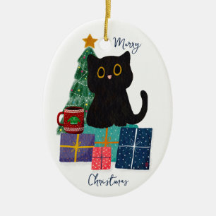 Festliche Frohe Weihnachten Niedlicher Black Cat K Keramik Ornament