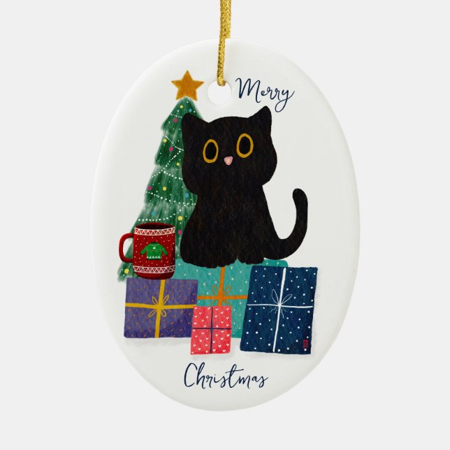 Festliche Frohe Weihnachten Niedlicher Black Cat K Keramik Ornament (Vorne)