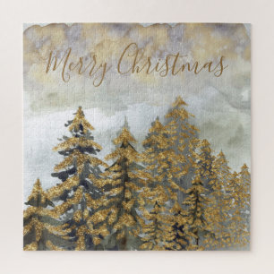 Festliche goldgrüne Weihnachtsbäume Puzzle