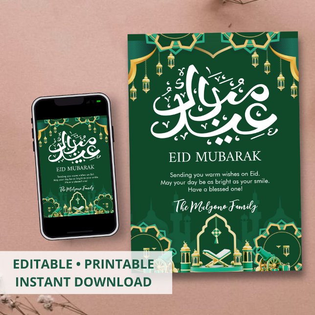Festliche grüne Eid Mubarak Karte mit Kanone (Von Creator hochgeladen)