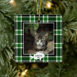 Festliche grüne Karierte Katze Name Weihnachten Keramikornament