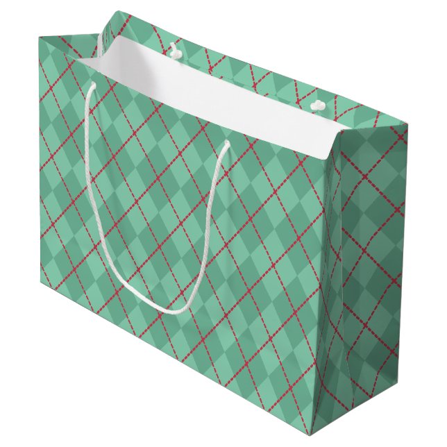 Festliche grüne rote Weihnachtsgeschenktasche Große Geschenktüte (Vorderseite Schrägansicht)