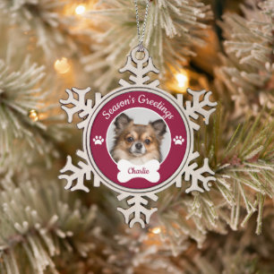 Festliche Grüße Süßer Hund Foto mit Namen Pfoten Schneeflocken Zinn-Ornament